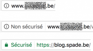 Chrome type d'alertes ssl selon les versions pour 2 sites non sécurisés et un site sécurisé